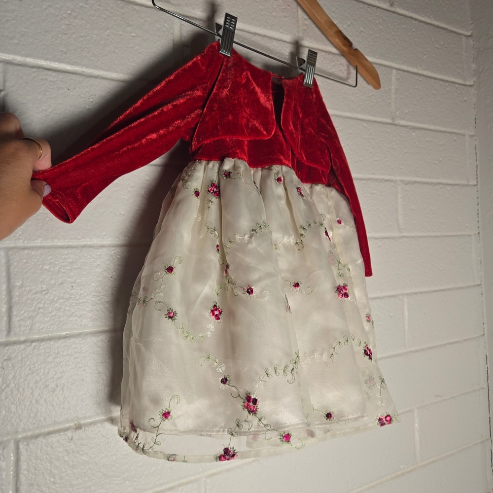 Vtg Wonder Kids Baby Girls Velvet Floral Embroidered Dress Red Cream 12M Holiday